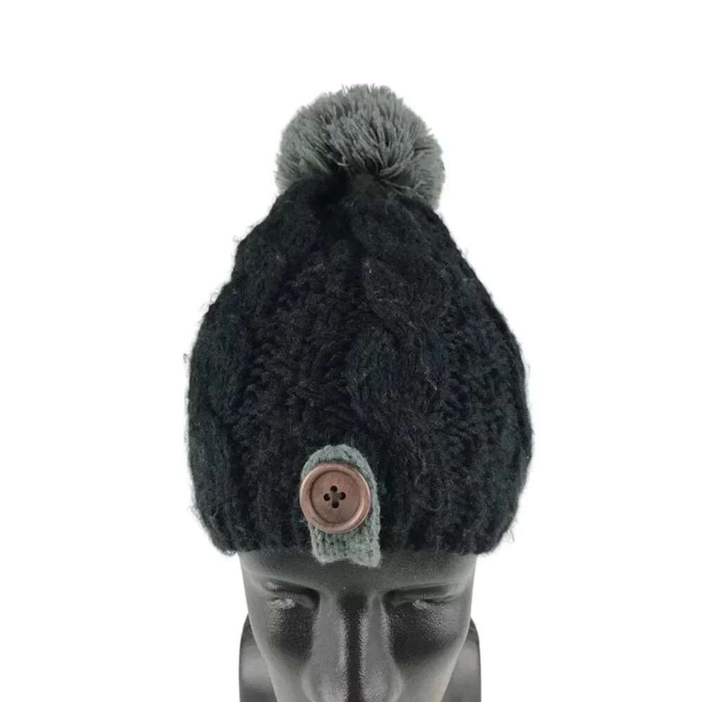 Moon Shadow Womens Black Gray 100% Acrylic Pom Top Knitted Beanie Hat One Size - Picture 2 of 11